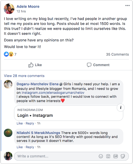 Adele Moore Posting on Facebook to ask for opinion on growth