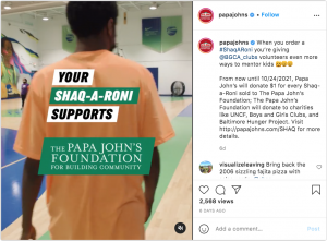 Papa Johns Instagram post showing support for Shaq a Roni