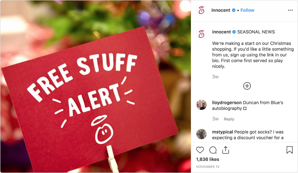 Innocent seasonal news post on Instagram 