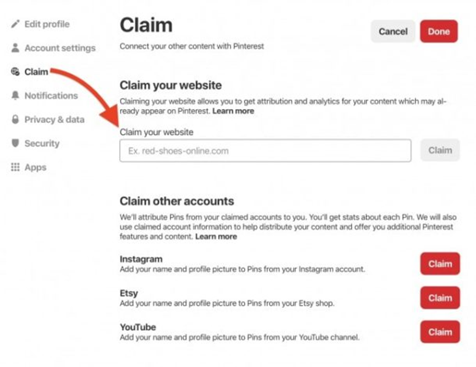 Claim website on pinterest