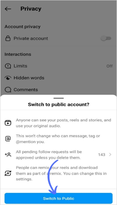 tap switch to public account