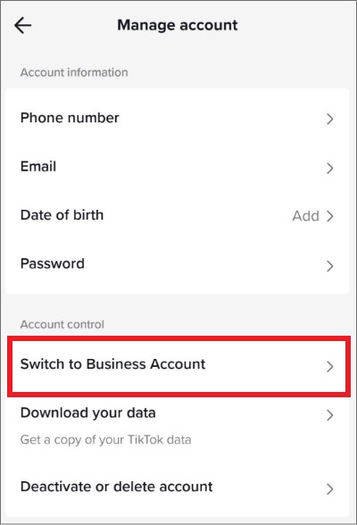 switch to tiktok business account