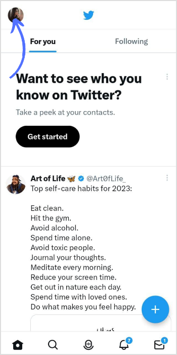 tap on profile icon in top left corner in Twitter